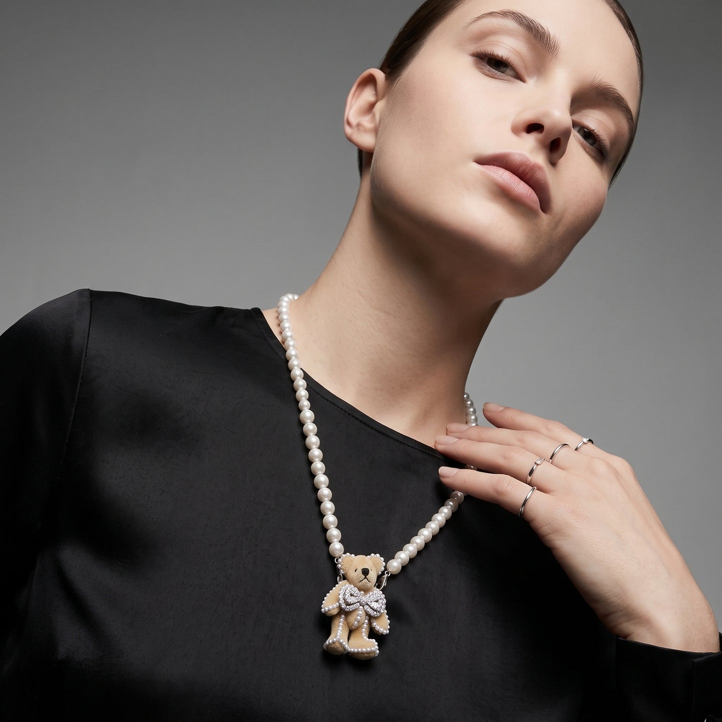 Crystal Embellished Teddy Pearl Necklace