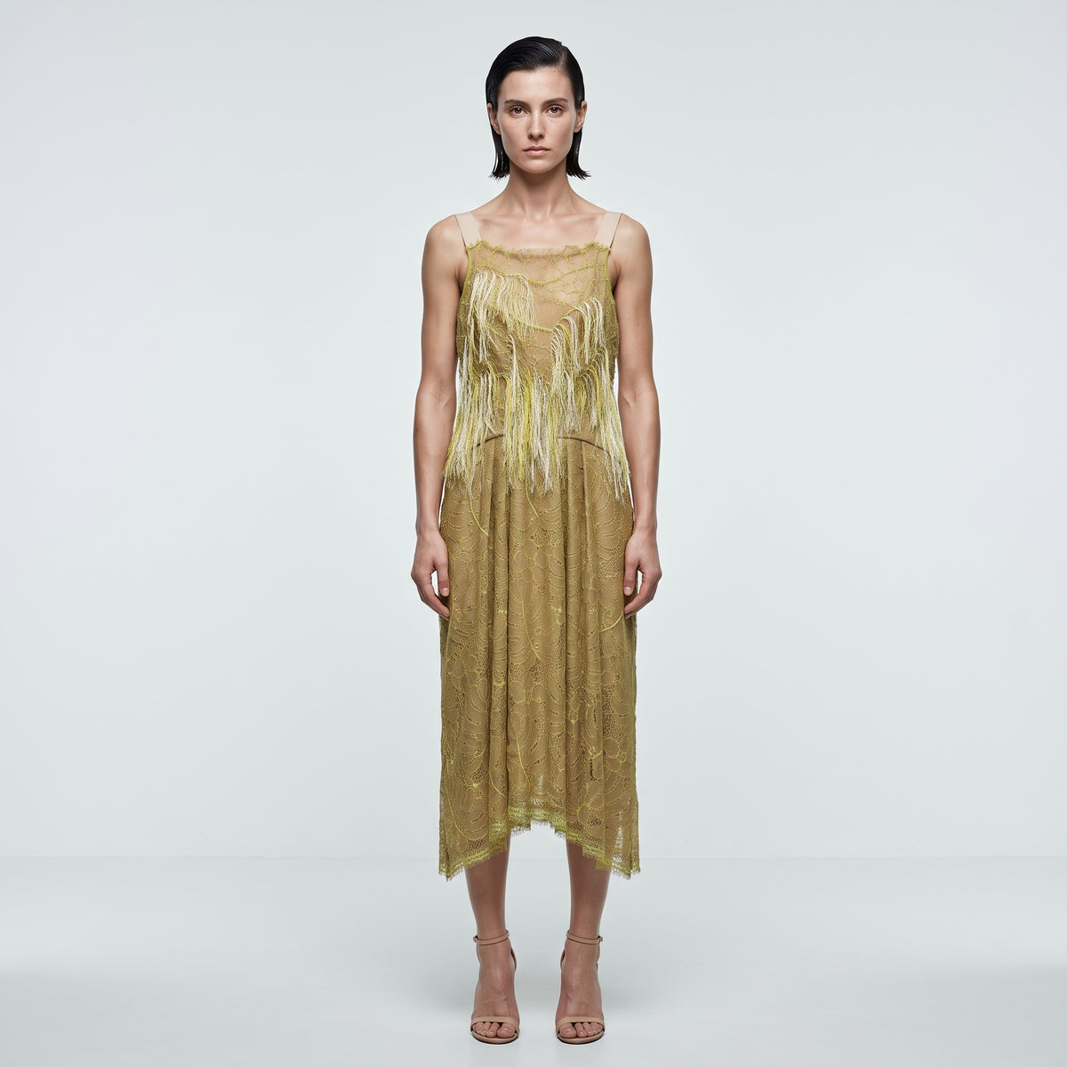 Embellished Fringed Lace Midi Dress