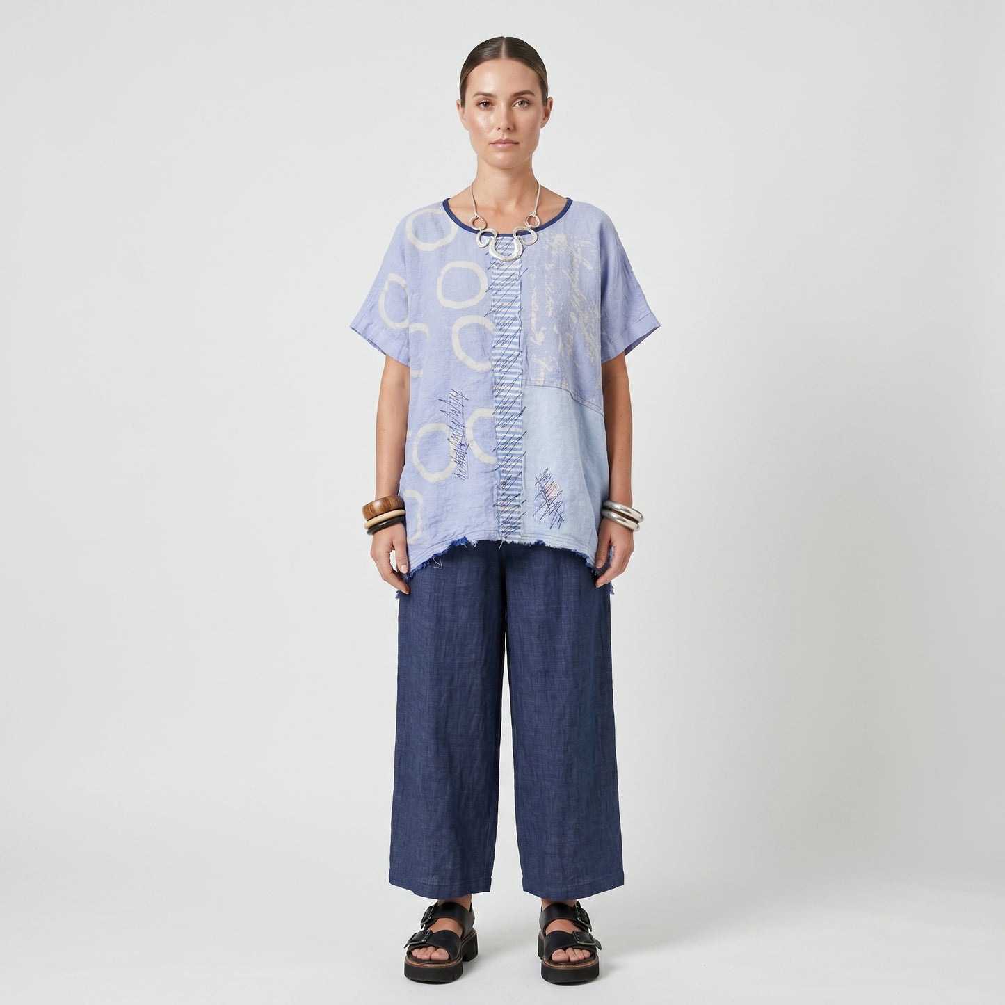 Abstract Print Linen Patchwork Top