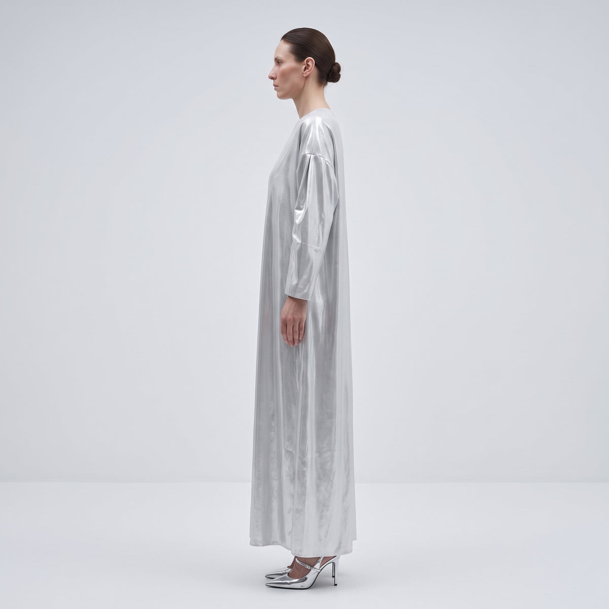 Metallic Silver Pleated Midi Dress