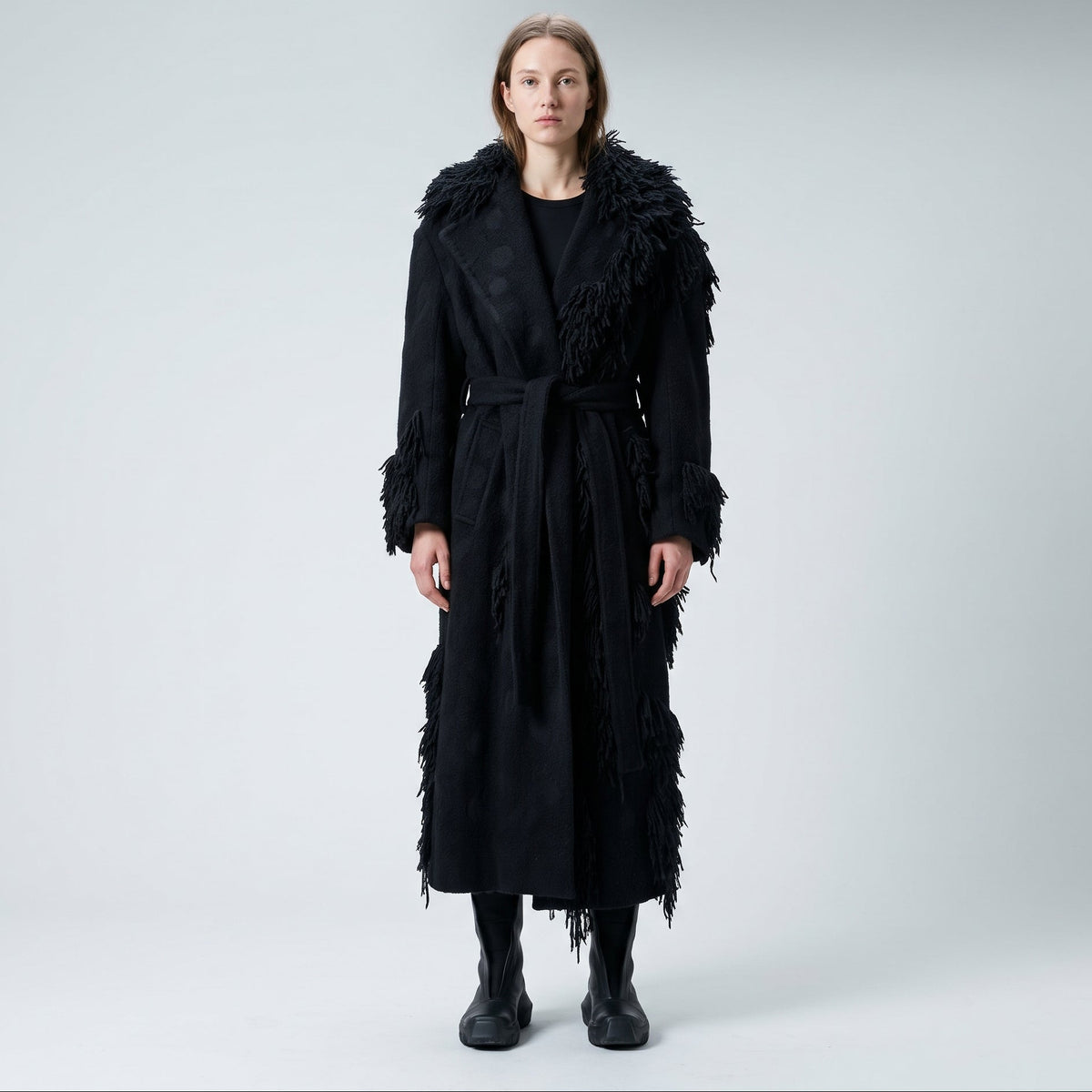 Fringed Wool Belted Coat