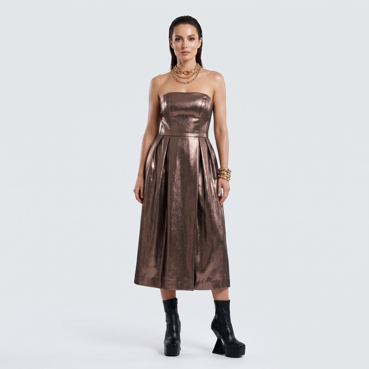 Metallic Strapless Pleated Dress