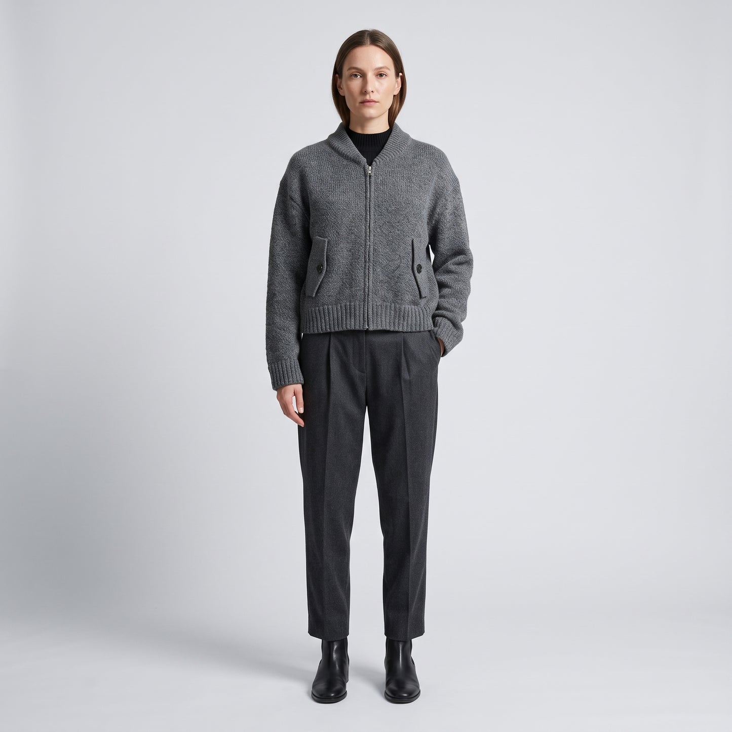 Grey Wool Zip Bomber Jacket