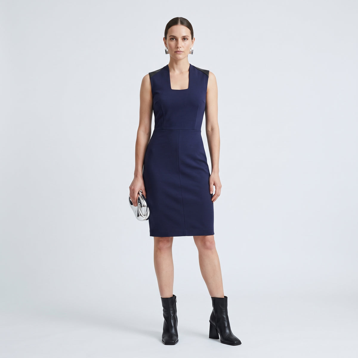 Leather-Trimmed Navy Sheath Dress