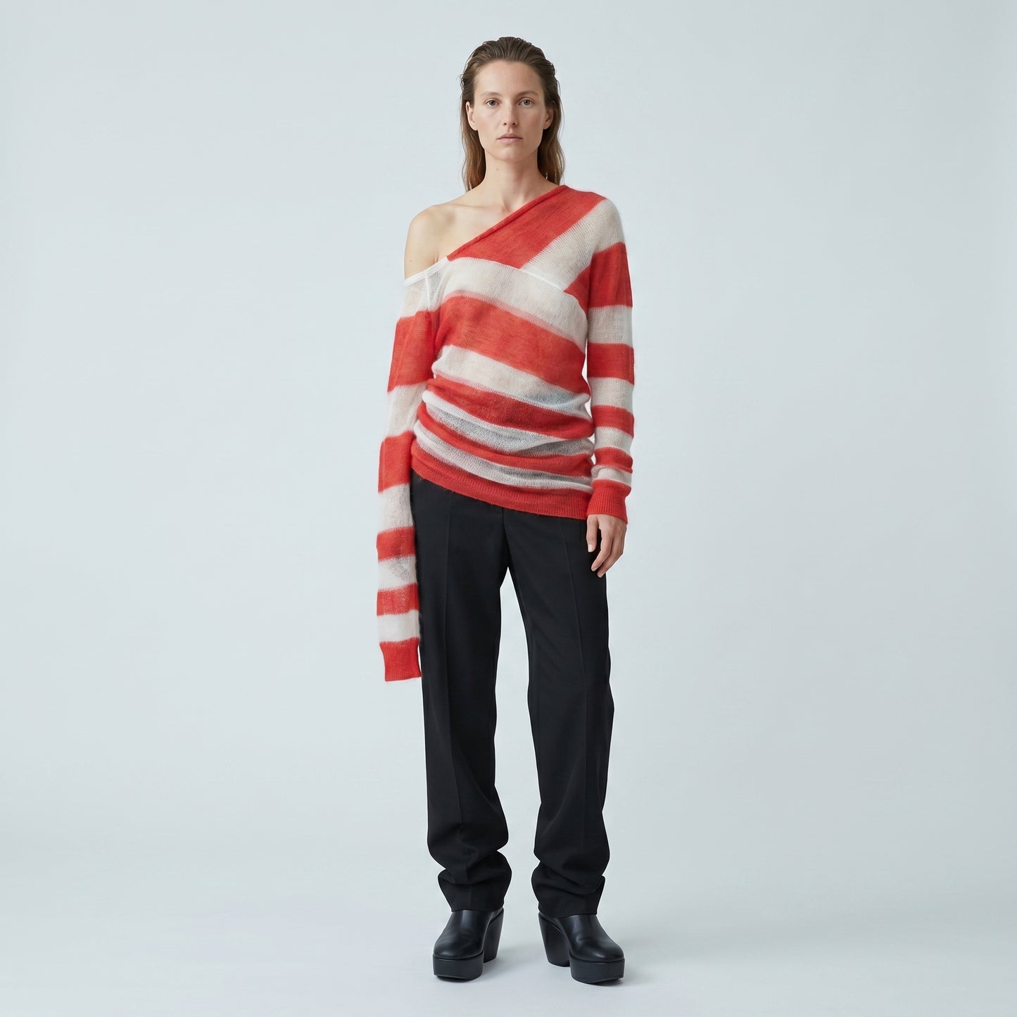 Asymmetric Striped Fine Knit Top