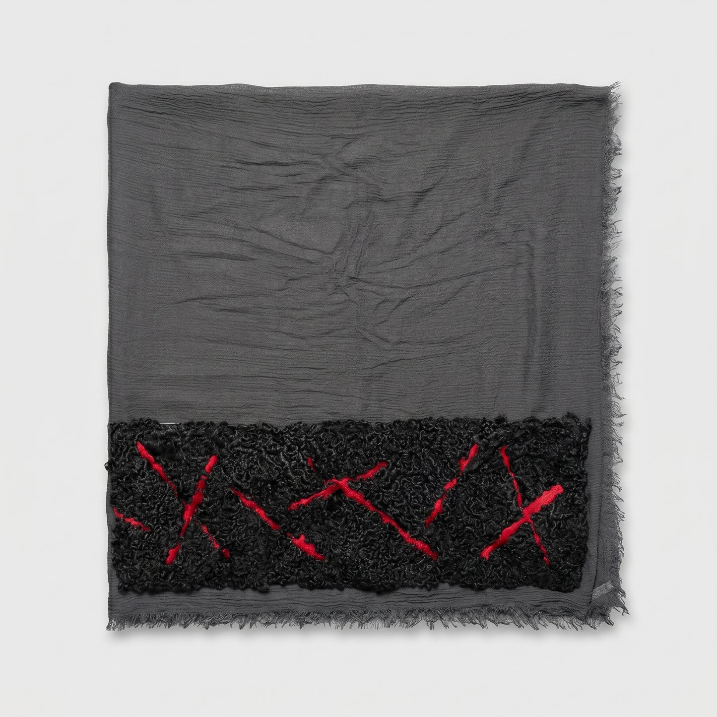 Embroidered Grey Raw Edge Scarf