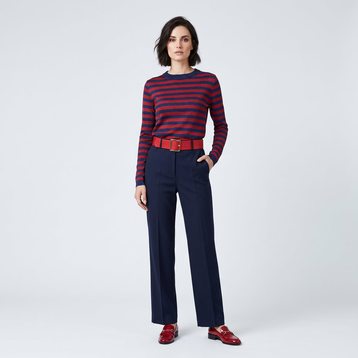 Striped Metallic Turtleneck Knit Sweater