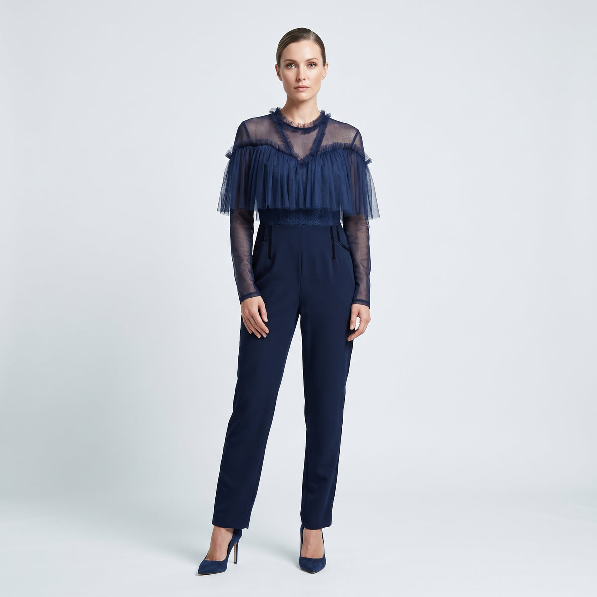 Navy Ruffled Tulle Panel Jumpsuit