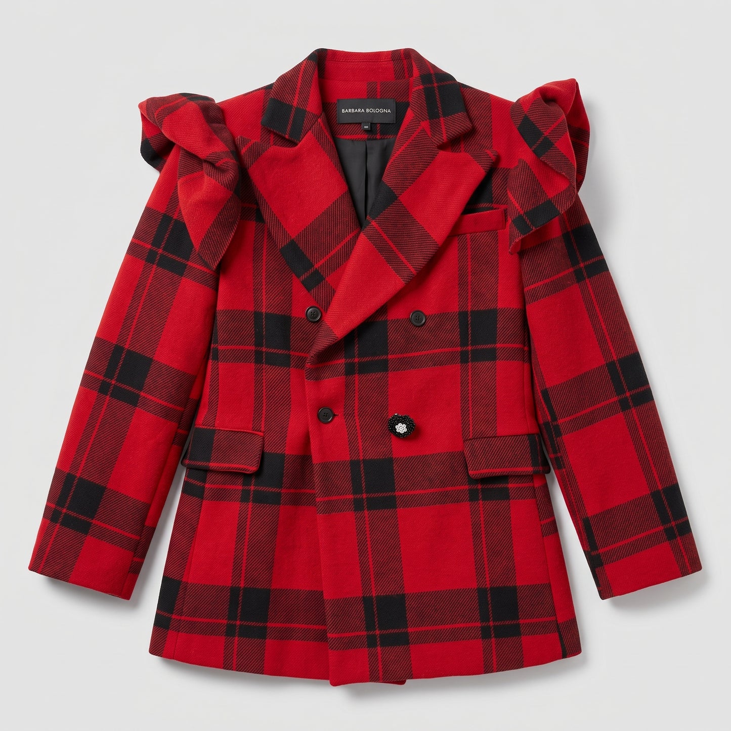 Red Tartan Ruffle Shoulder Blazer