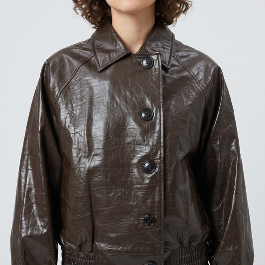 Glossy Brown Leather Bomber Jacket