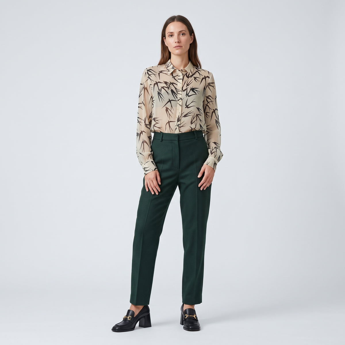 Sheer Bird Print Button-Down Shirt