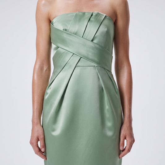 Pleated Strapless Mint Silk Dress