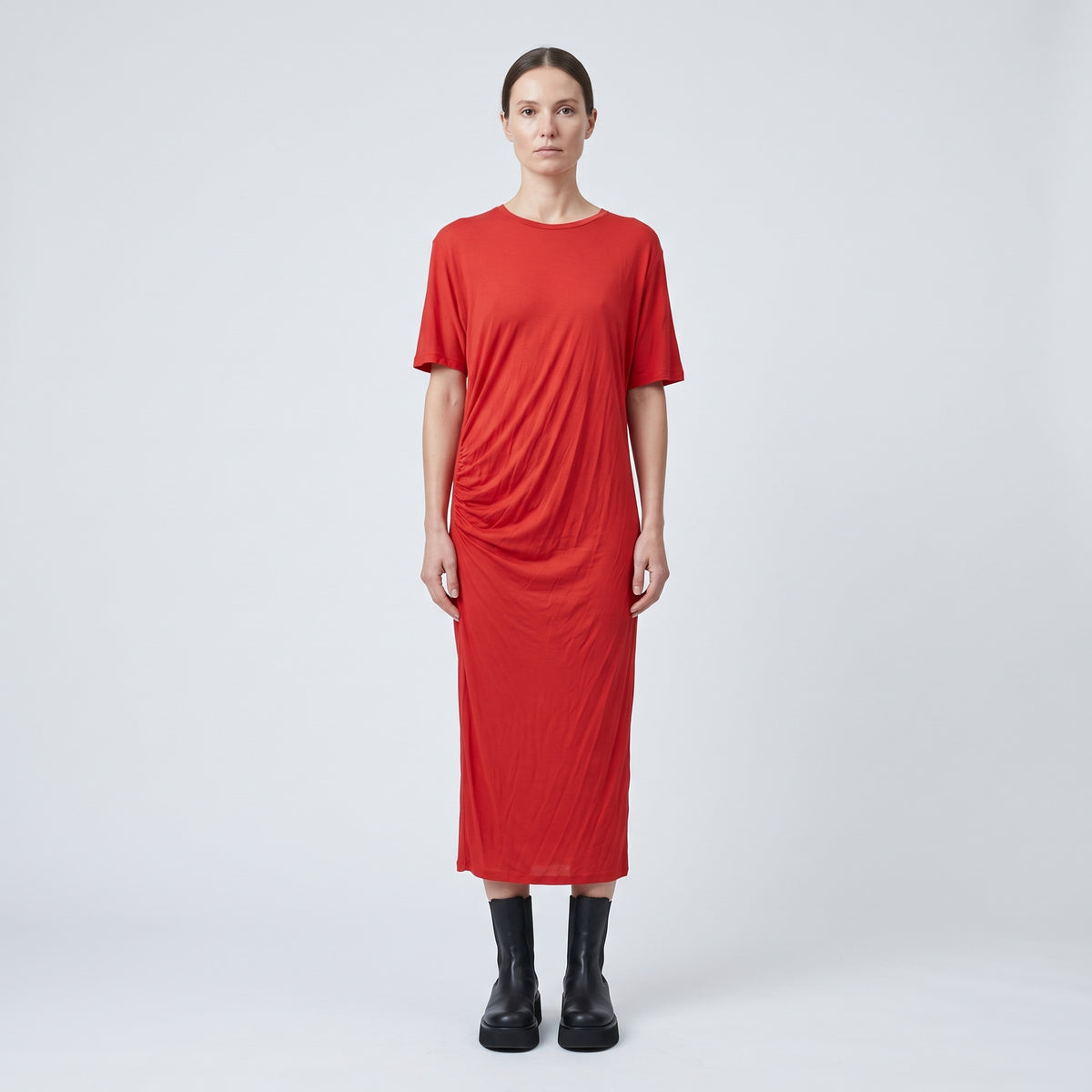 Red Draped Jersey Midi Dress