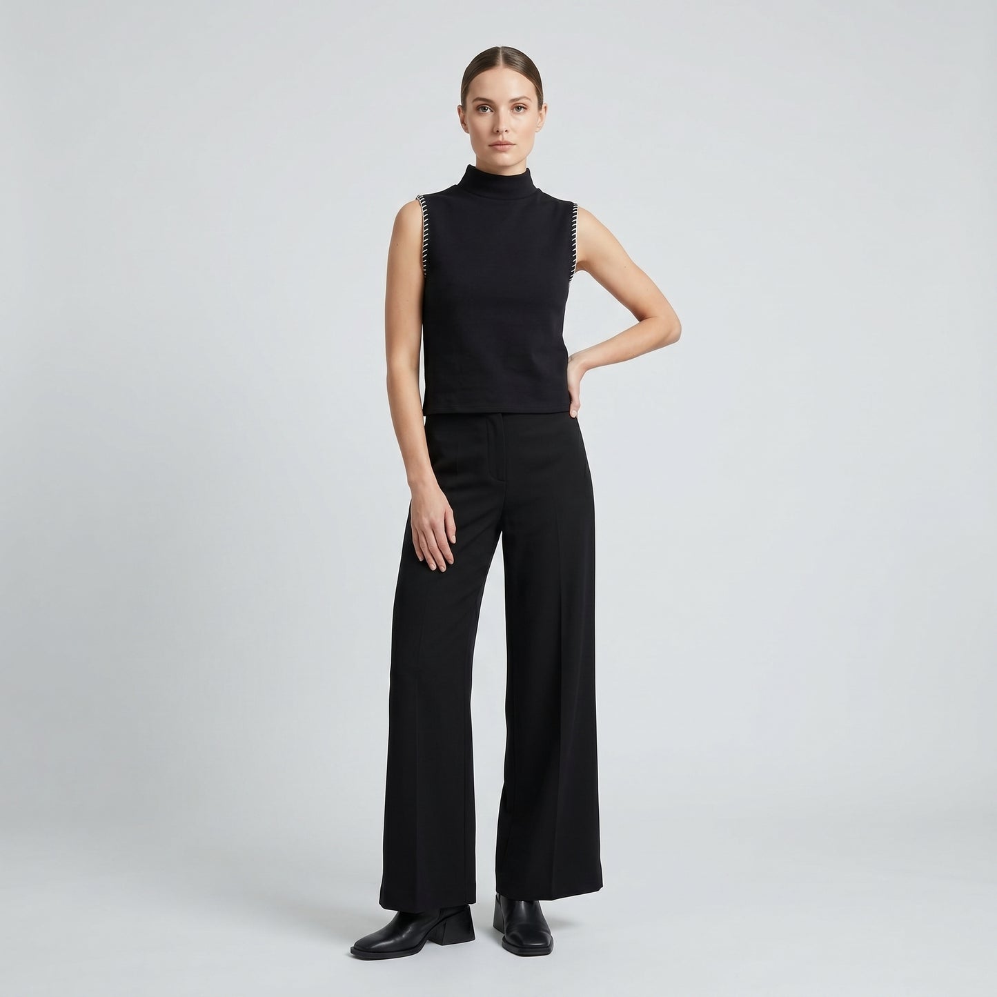 Whipstitch Mock Neck Sleeveless Top