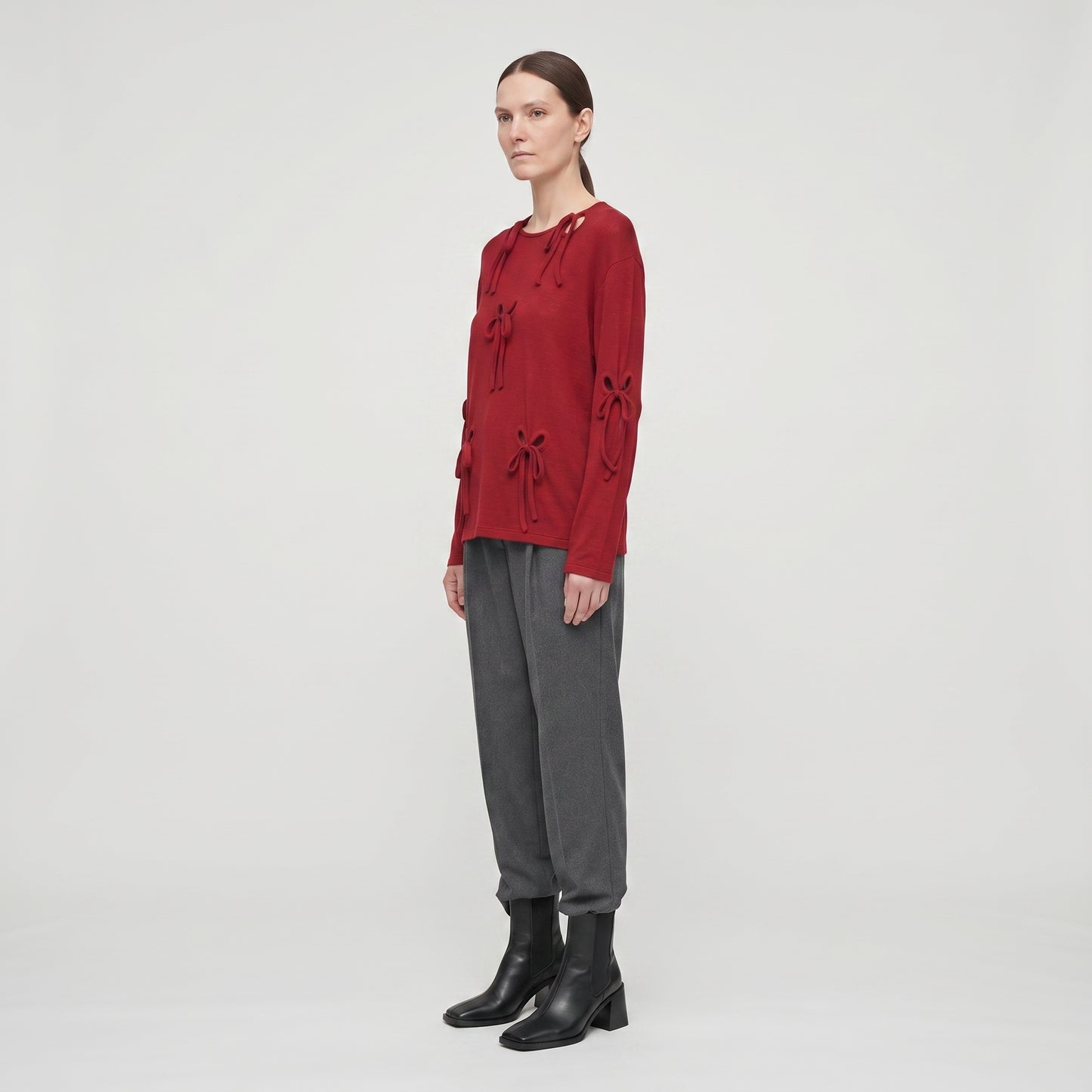 Red Bow Detail Long-Sleeve Top