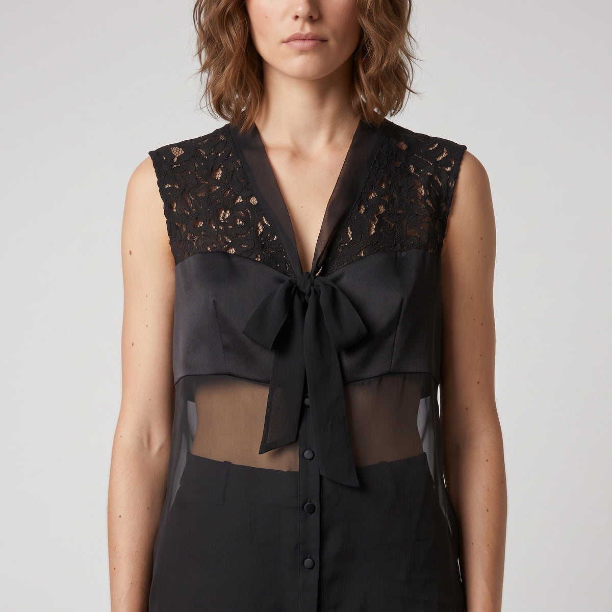 Lace Panel Tie Front Blouse