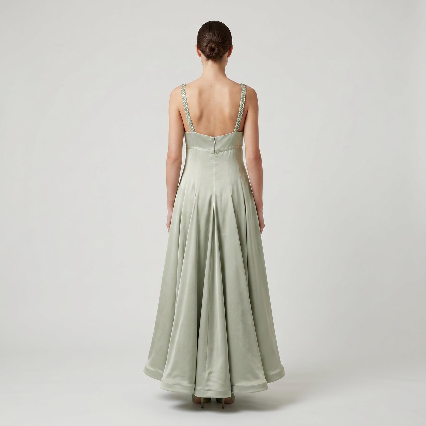 Embellished Sage Satin Midi Dress