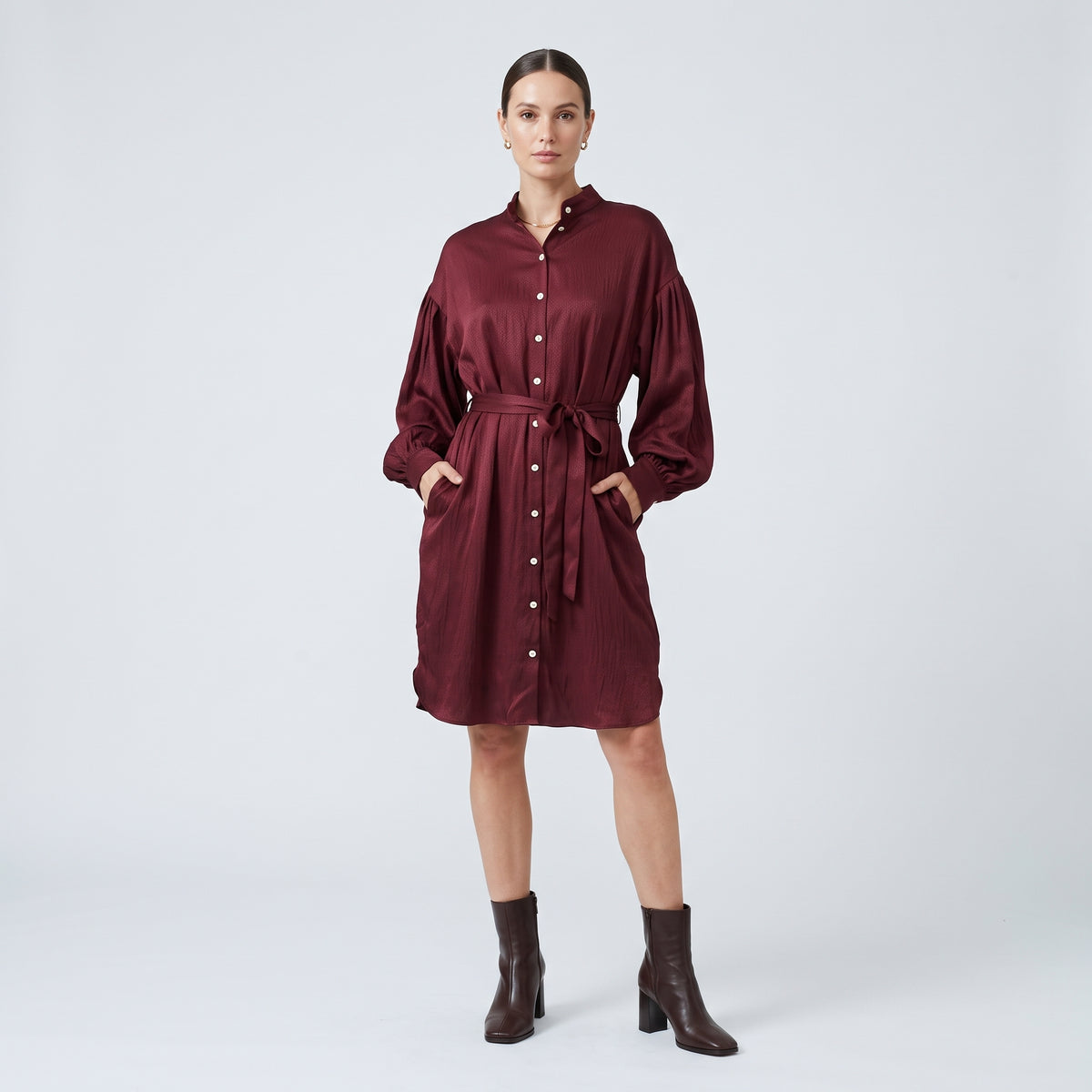 Burgundy Balloon Sleeve Shirt Dress