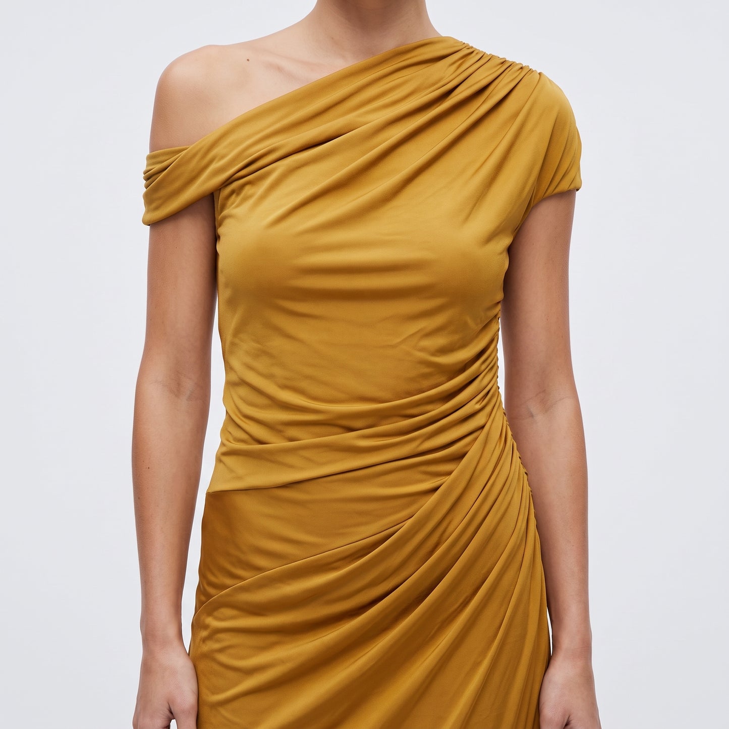 One-Shoulder Ruched Mustard Dress