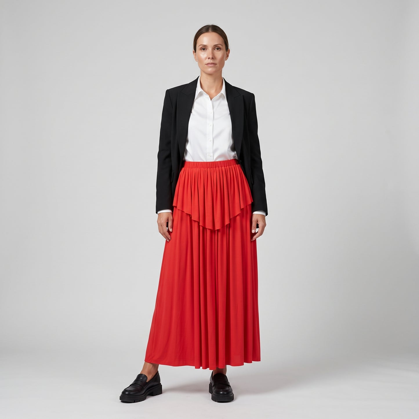 Red Pleated Ruffle Maxi Skirt