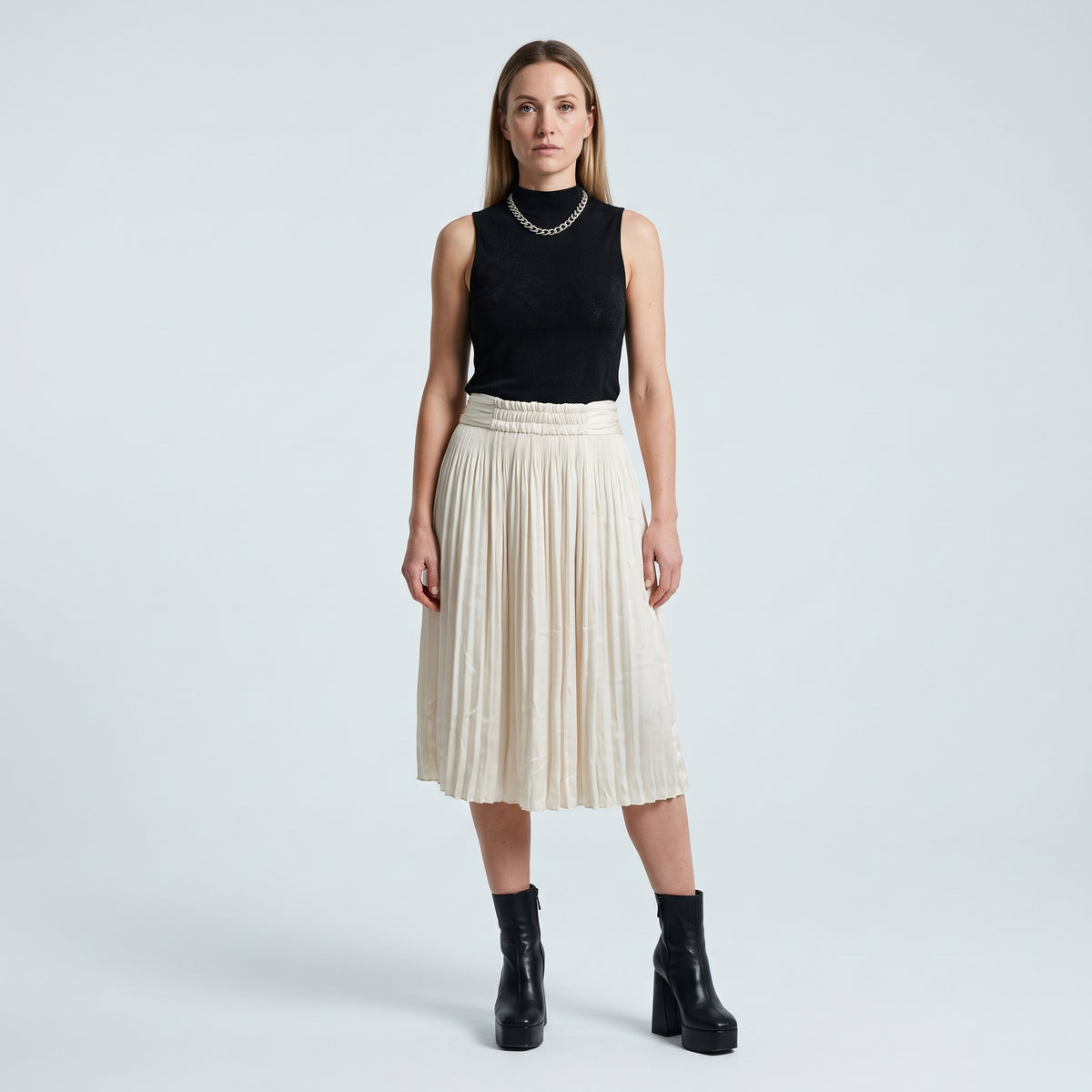 Pleated High-Waisted Cream Skirt