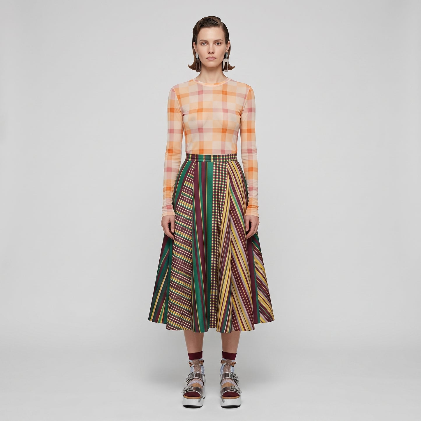 Plaid Sheer Long Sleeve Top