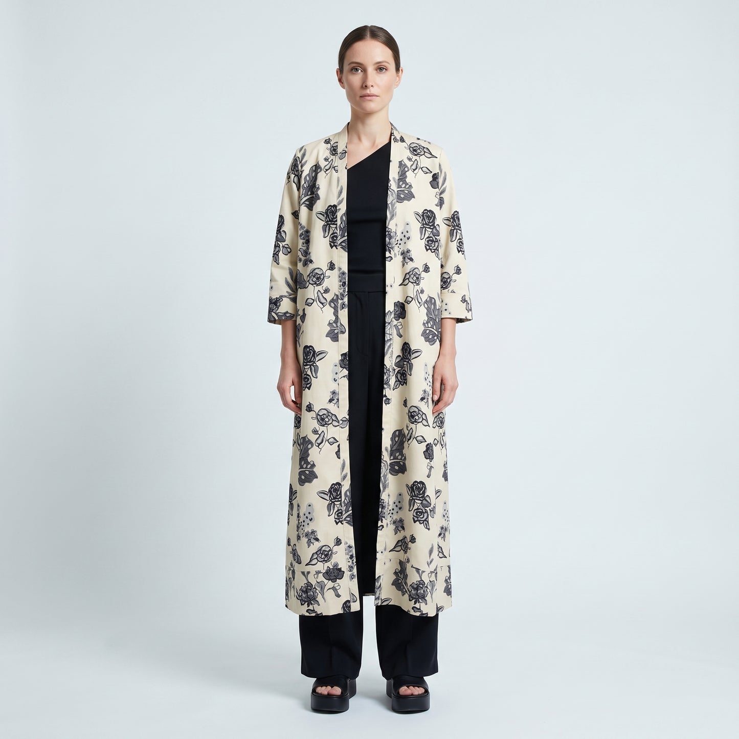Floral Print Long Open Coat