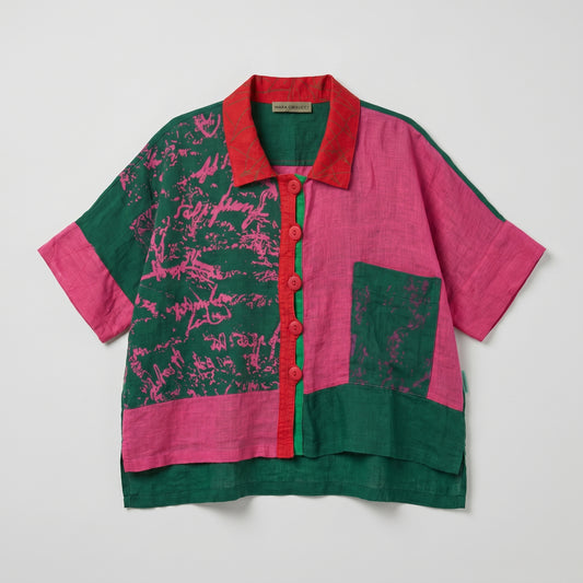 Colorblock Printed Linen Button-Up