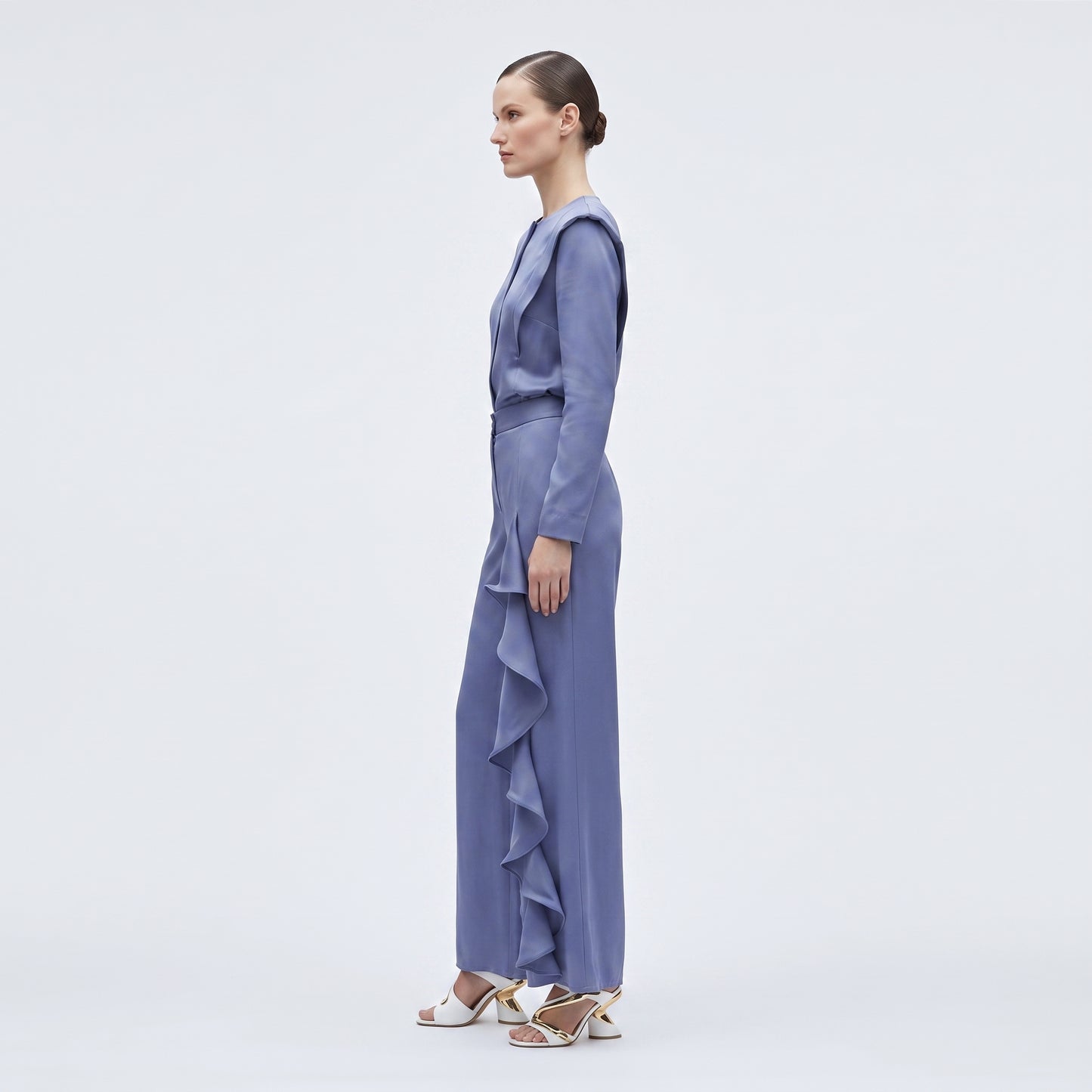 Blue Ruffle Detail Wide Trousers