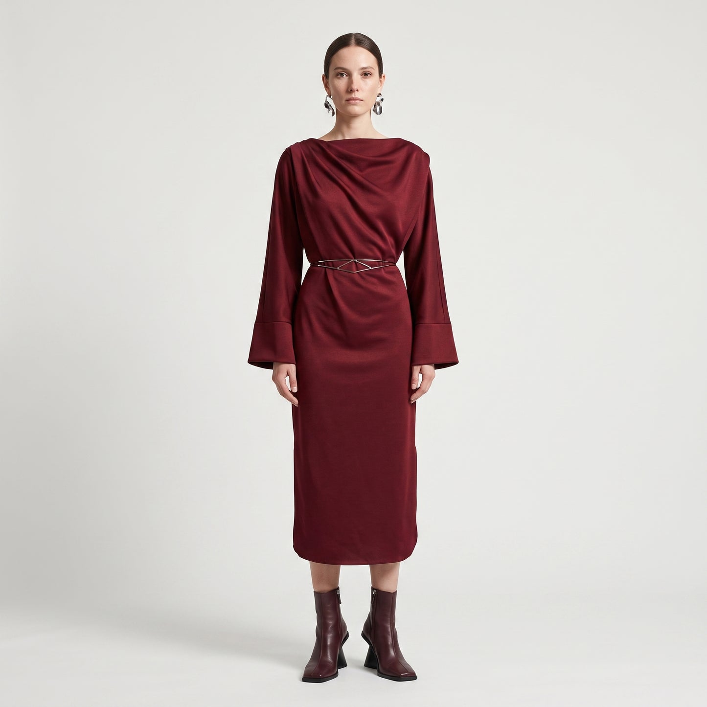 Draped Cowl Neck Burgundy Dress