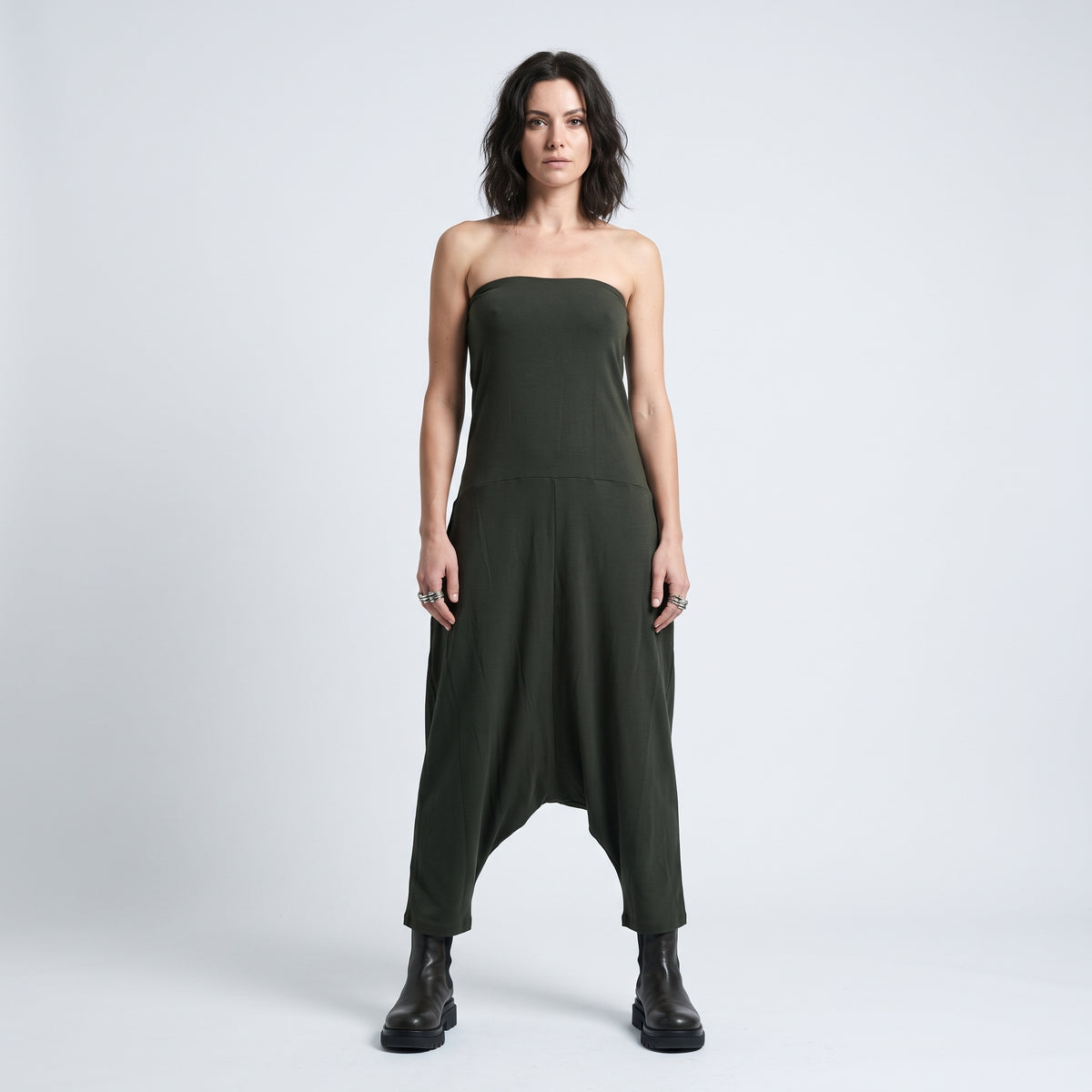 Strapless Olive Jersey Jumpsuit