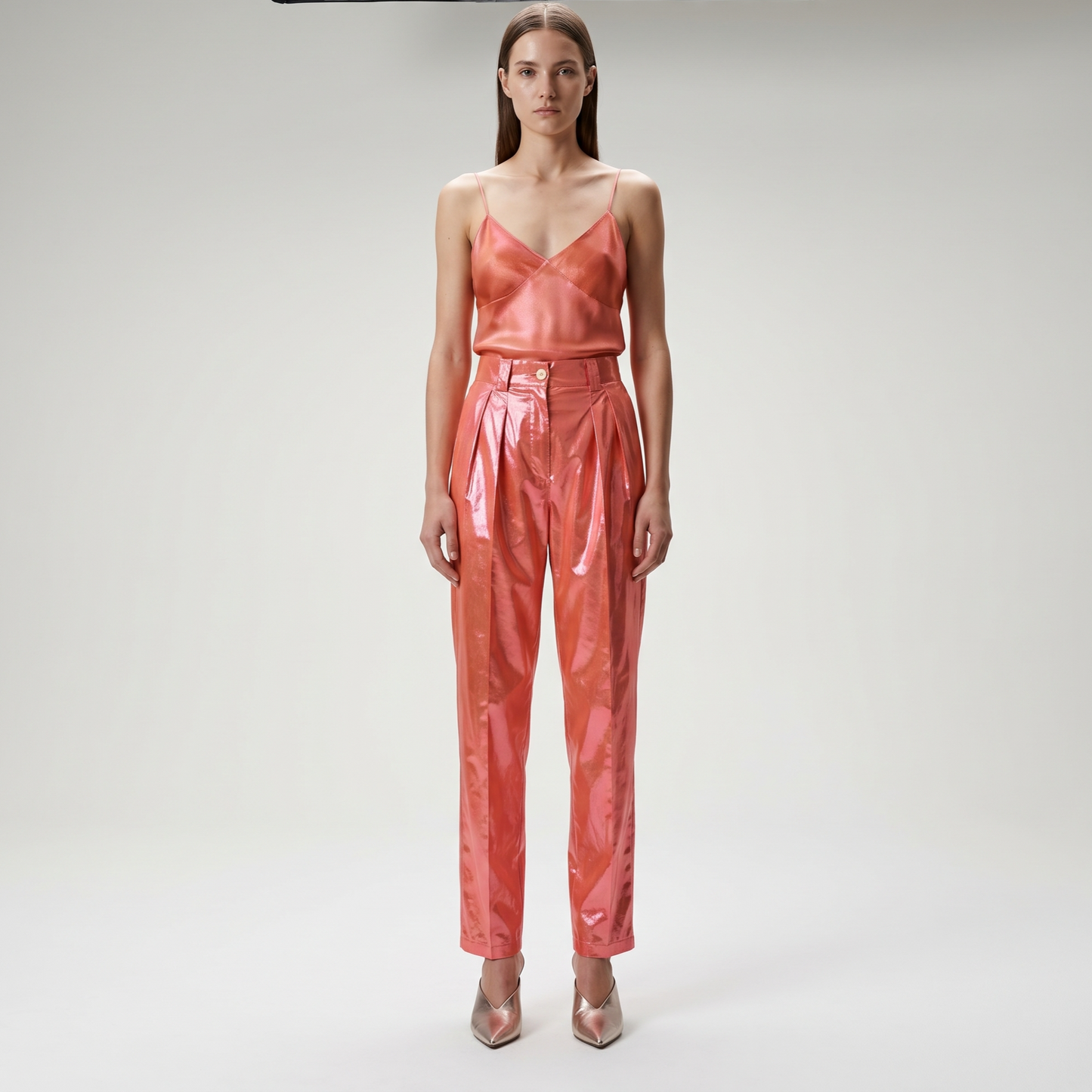 High-Gloss Pleated Tailored Trousers