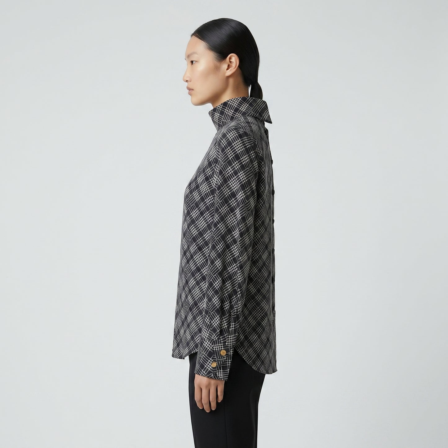 Checkered High-Neck Long-Sleeve Shirt