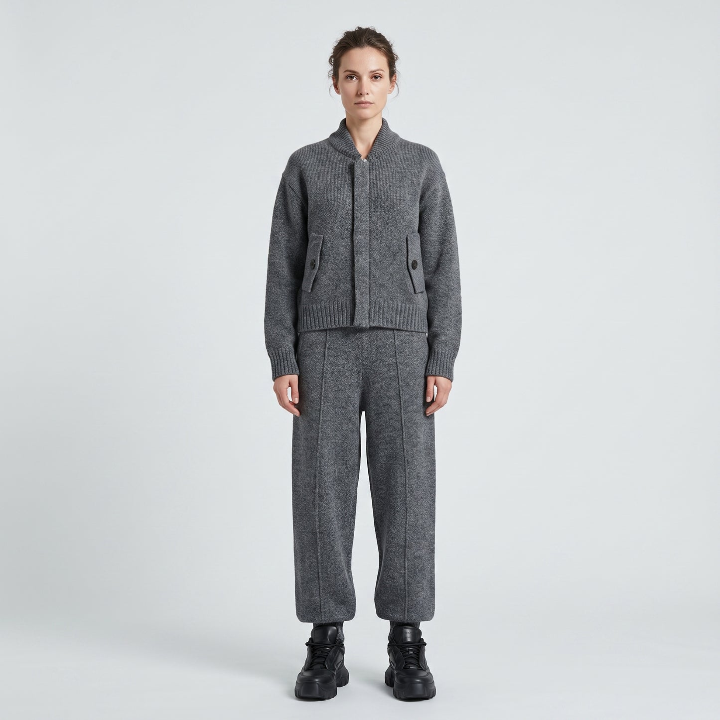 Grey Ribbed Knit Bomber Jacket