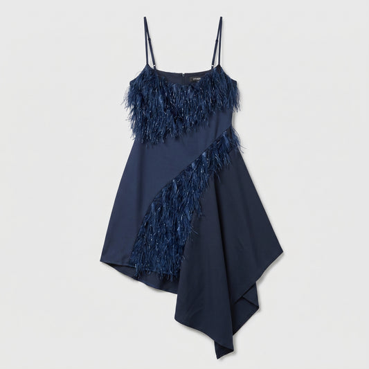 Asymmetrical Fringed Navy Slip Dress