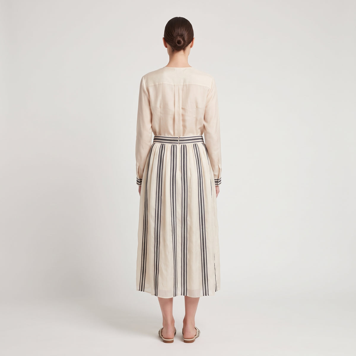 Embroidered Striped Midi Skirt