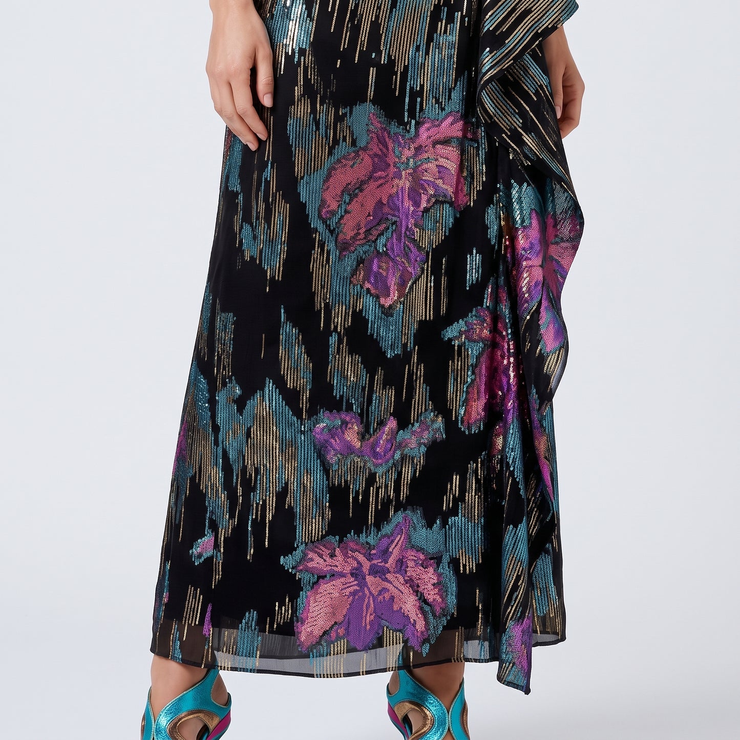 Metallic Floral Ruffle Maxi Skirt