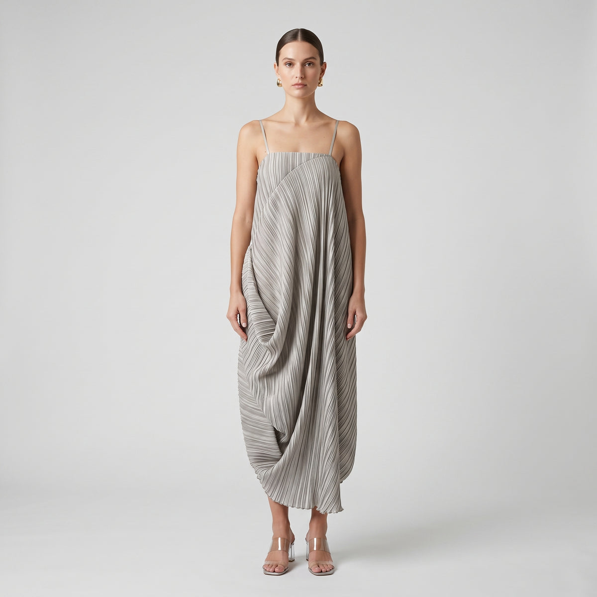 Pleated Asymmetric Drape Midi Dress