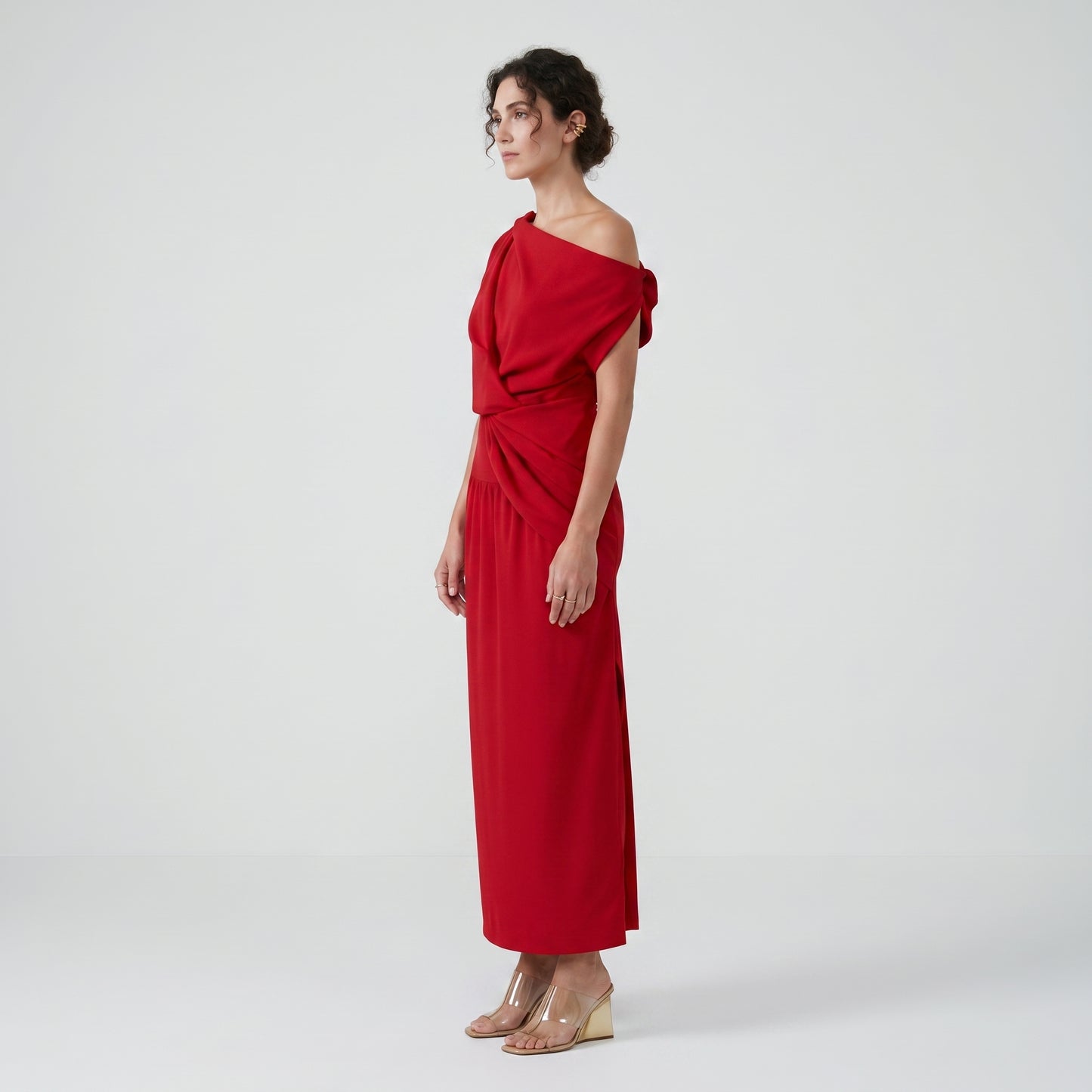 One-Shoulder Draped Midi Dress