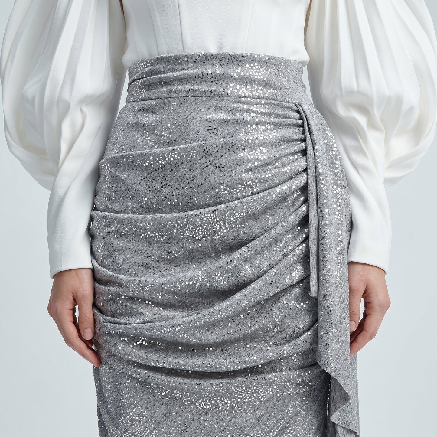Metallic Draped Asymmetric Skirt