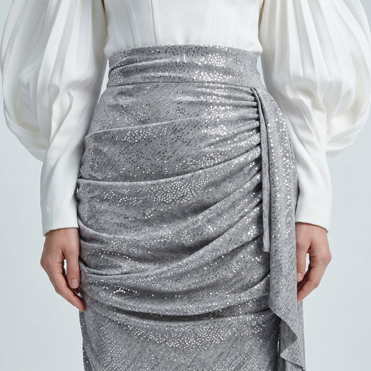 Metallic Draped Asymmetric Skirt