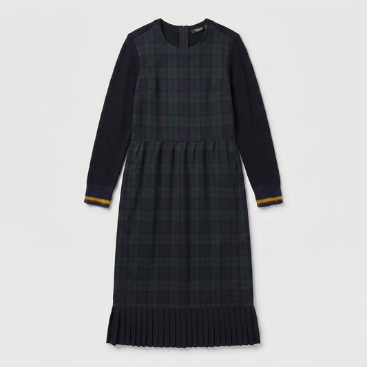 Tartan Paneled Pleated Midi Dress