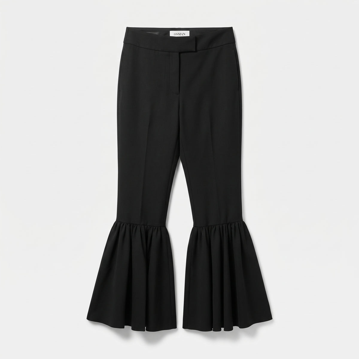 Black Ruffled Hem Tailored Trousers