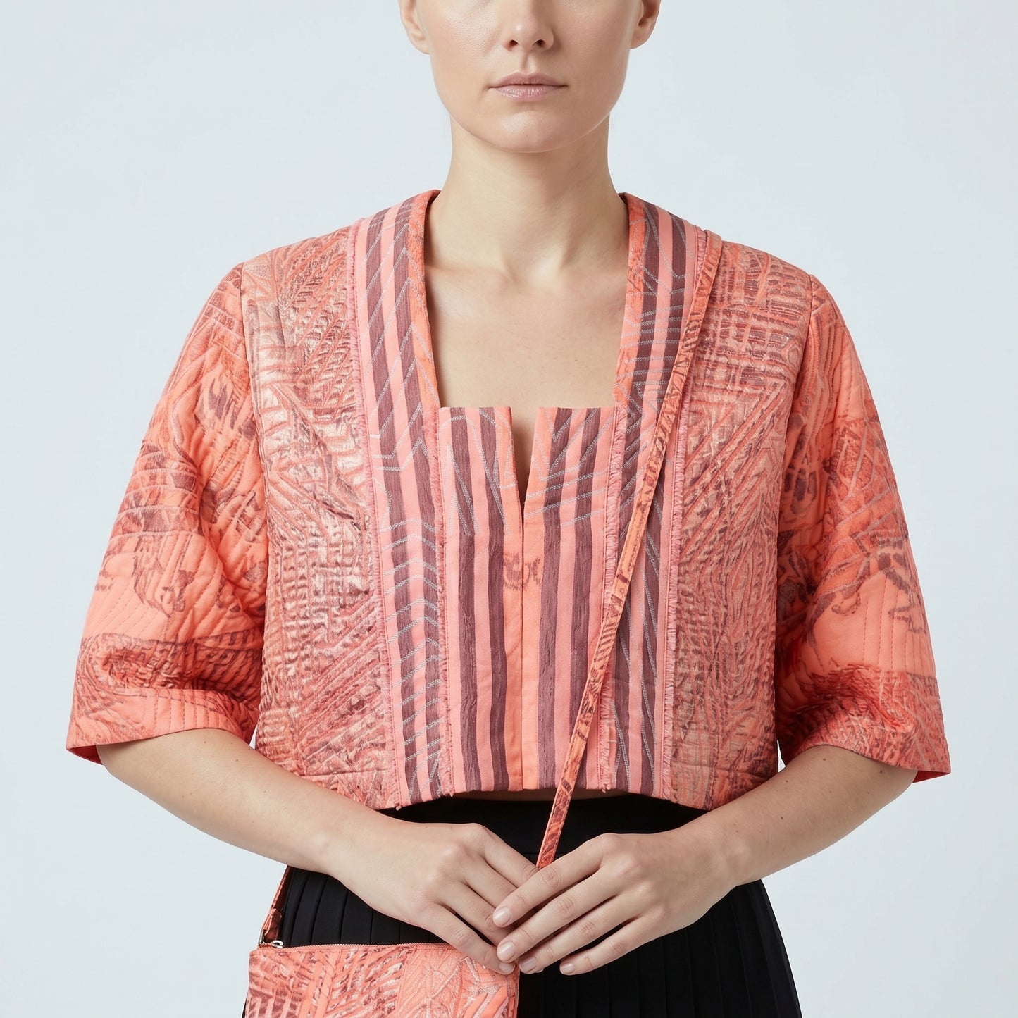 Quilted Coral Jacquard Cropped Jacket