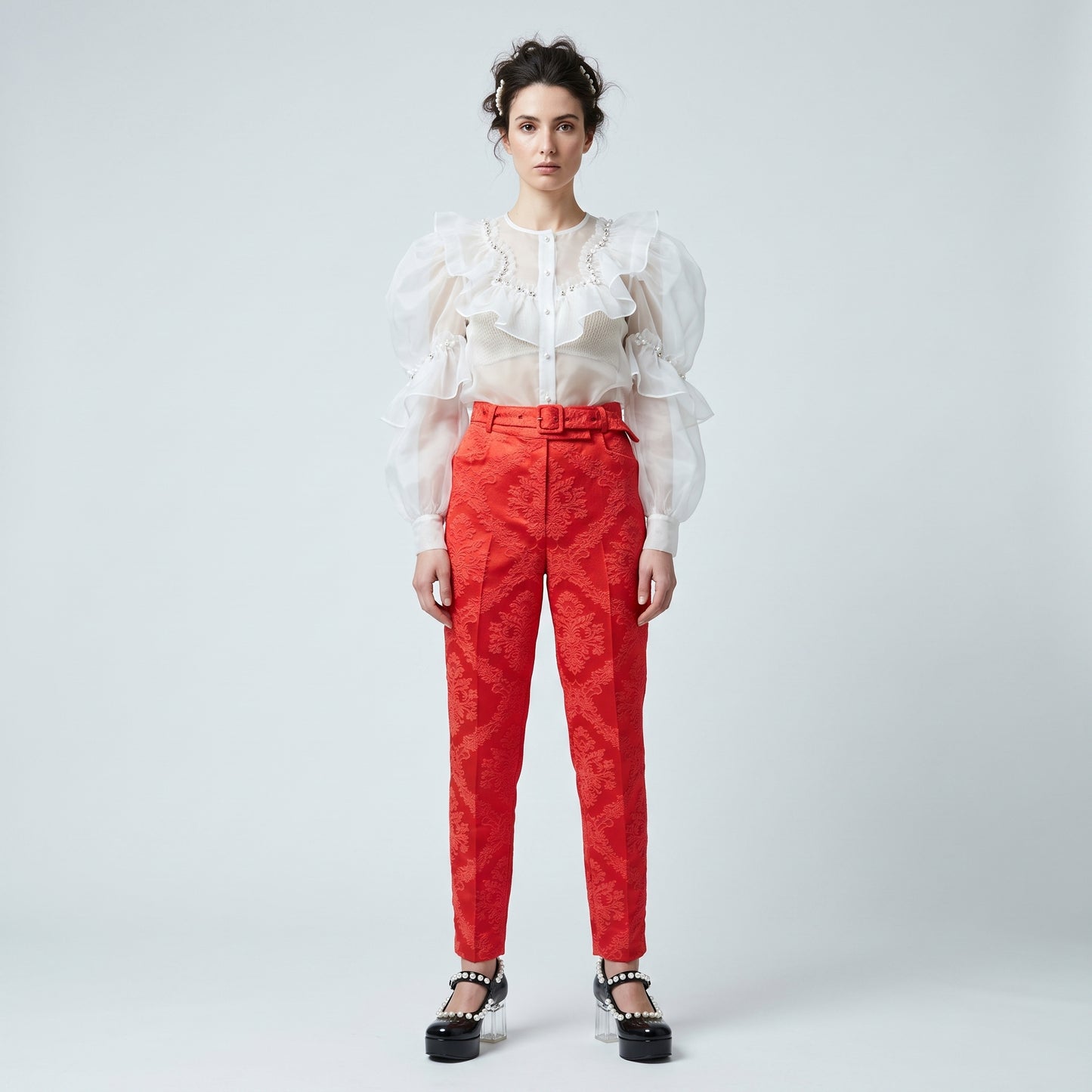 Red Jacquard Tailored Trousers