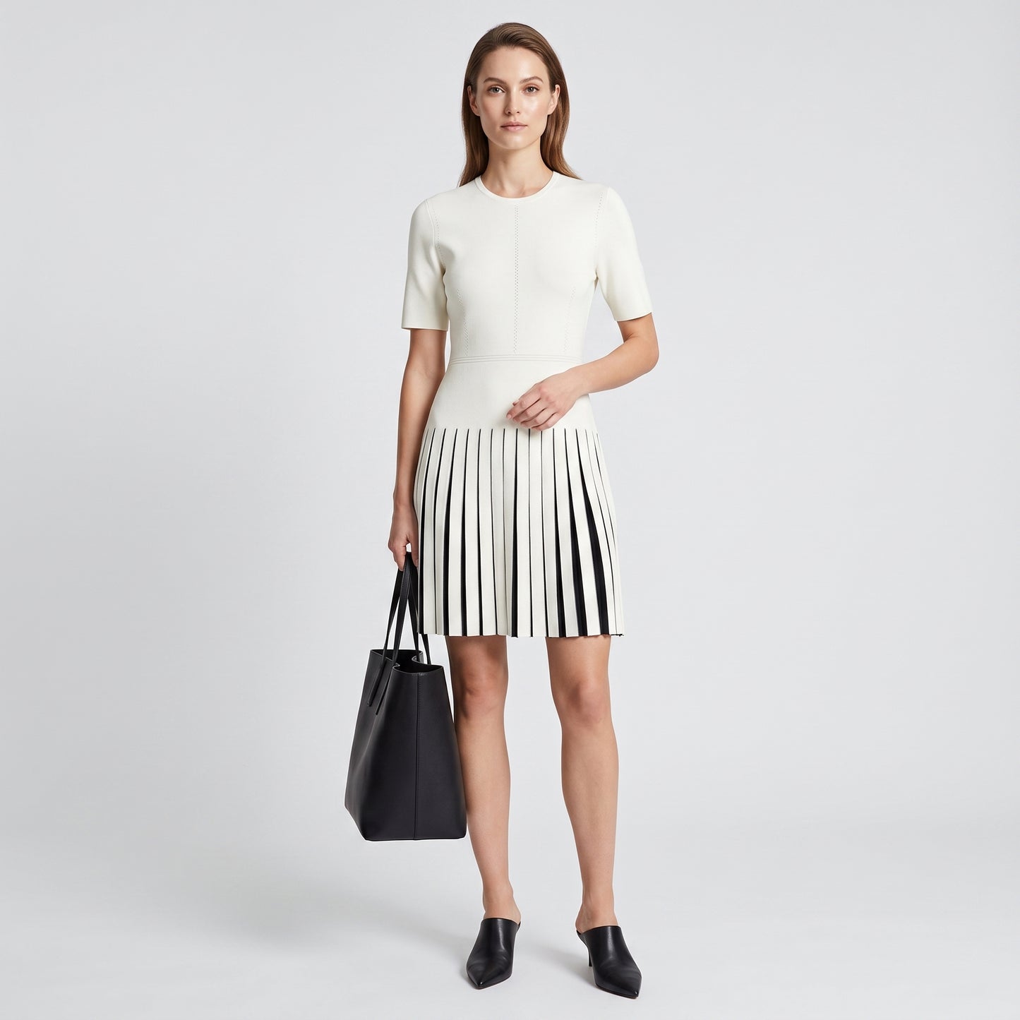 Pleated Contrast Knit Mini Dress