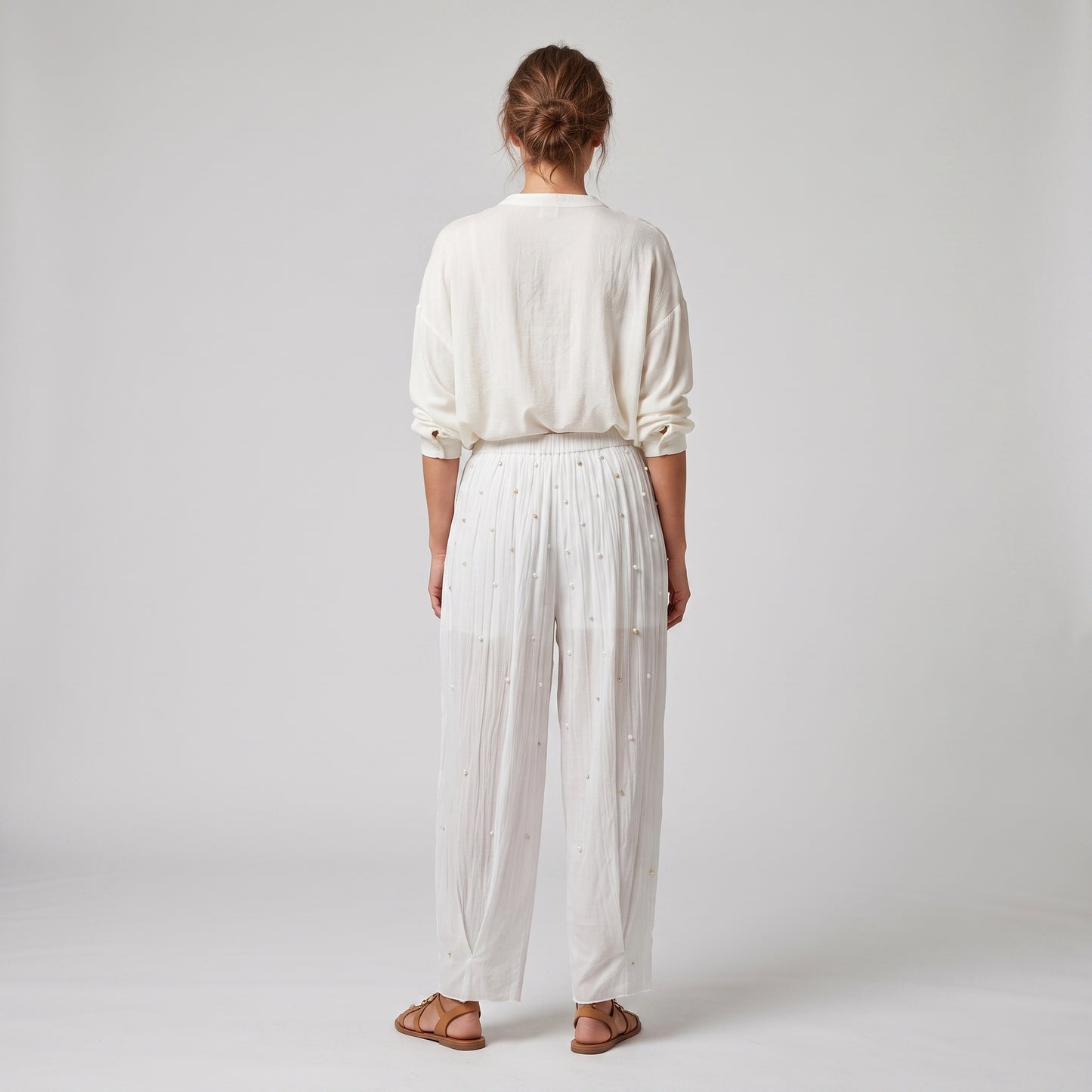 Embellished Pleated Cotton Trousers
