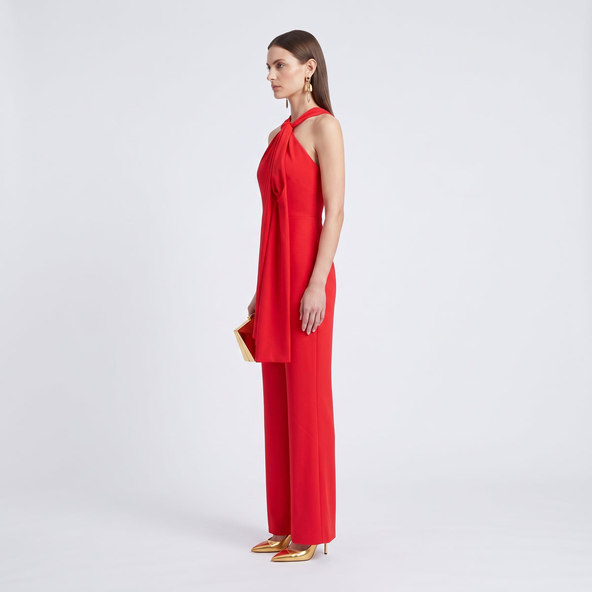 Red Halter Neck Draped Jumpsuit