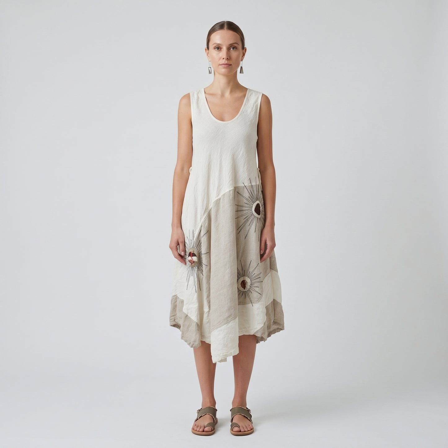 Embroidered A-Line Linen Dress