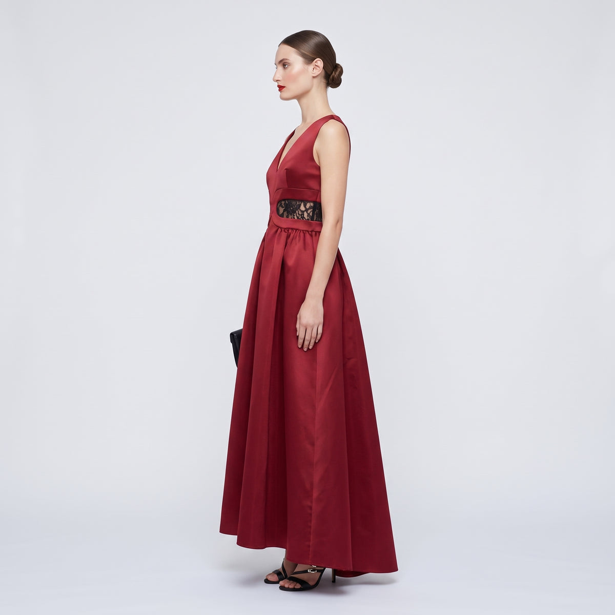 Burgundy Lace-Inset Evening Dress